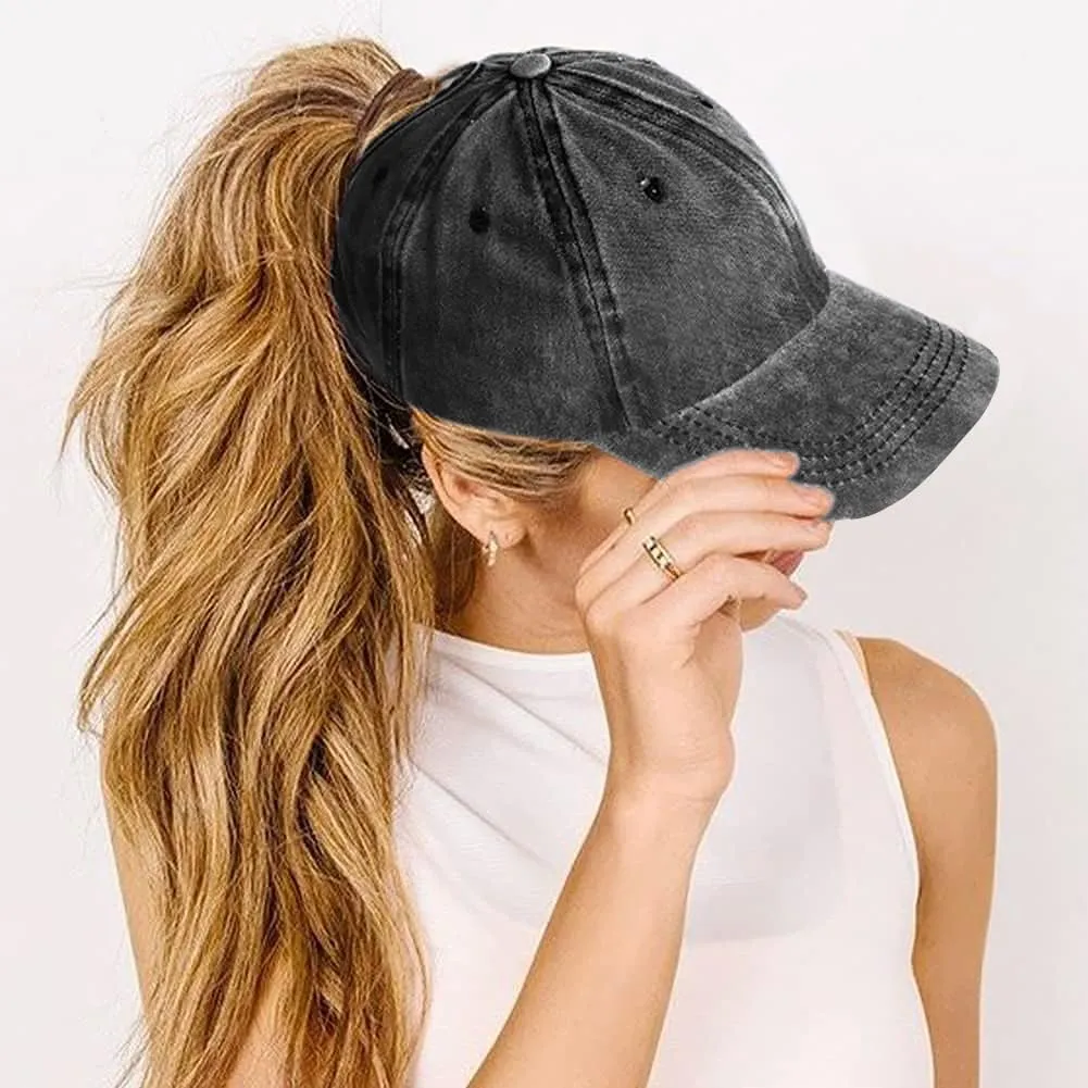Womens Vintage Washed Distressed Baseball-Cap with Ponytail Hole Sport Golf Hat