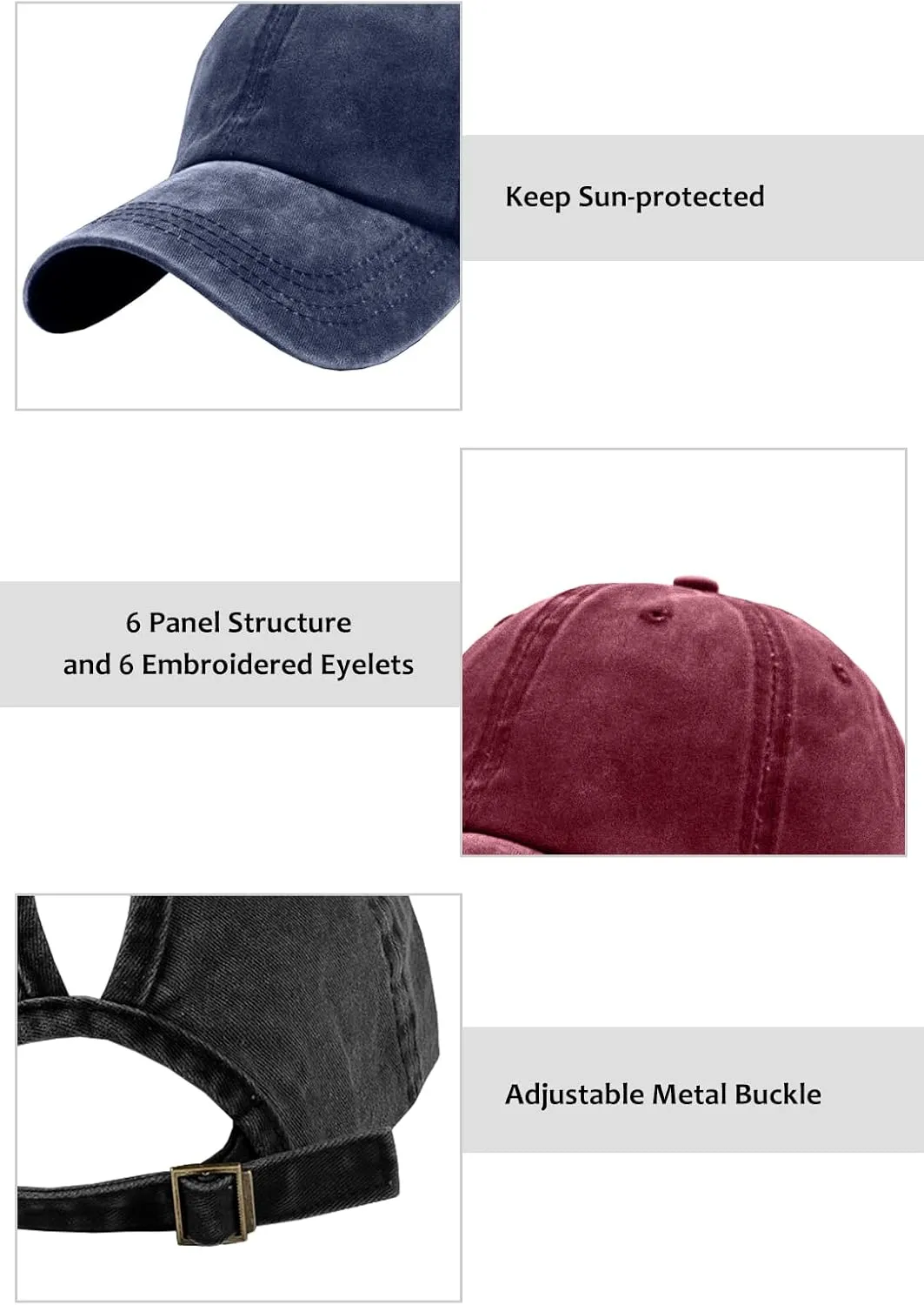 Womens Vintage Washed Distressed Baseball-Cap with Ponytail Hole Sport Golf Hat
