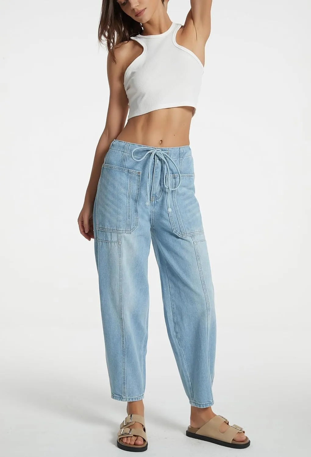 Women's Wide Leg Baggy Jeans Elastic Mid Rise Barrel Jean Loose Boyfriend Denim Pants with Drawstring