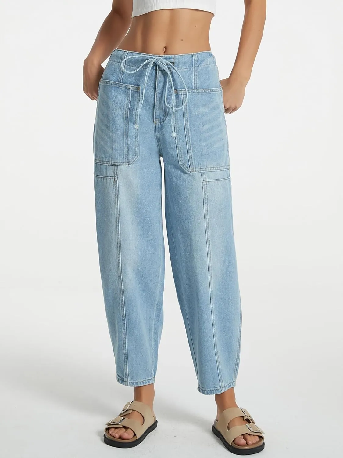 Women's Wide Leg Baggy Jeans Elastic Mid Rise Barrel Jean Loose Boyfriend Denim Pants with Drawstring