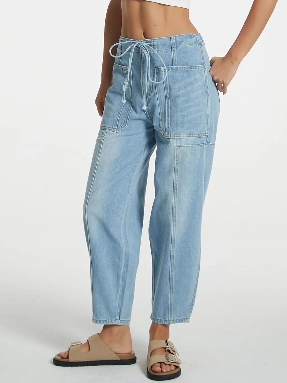 Women's Wide Leg Baggy Jeans Elastic Mid Rise Barrel Jean Loose Boyfriend Denim Pants with Drawstring