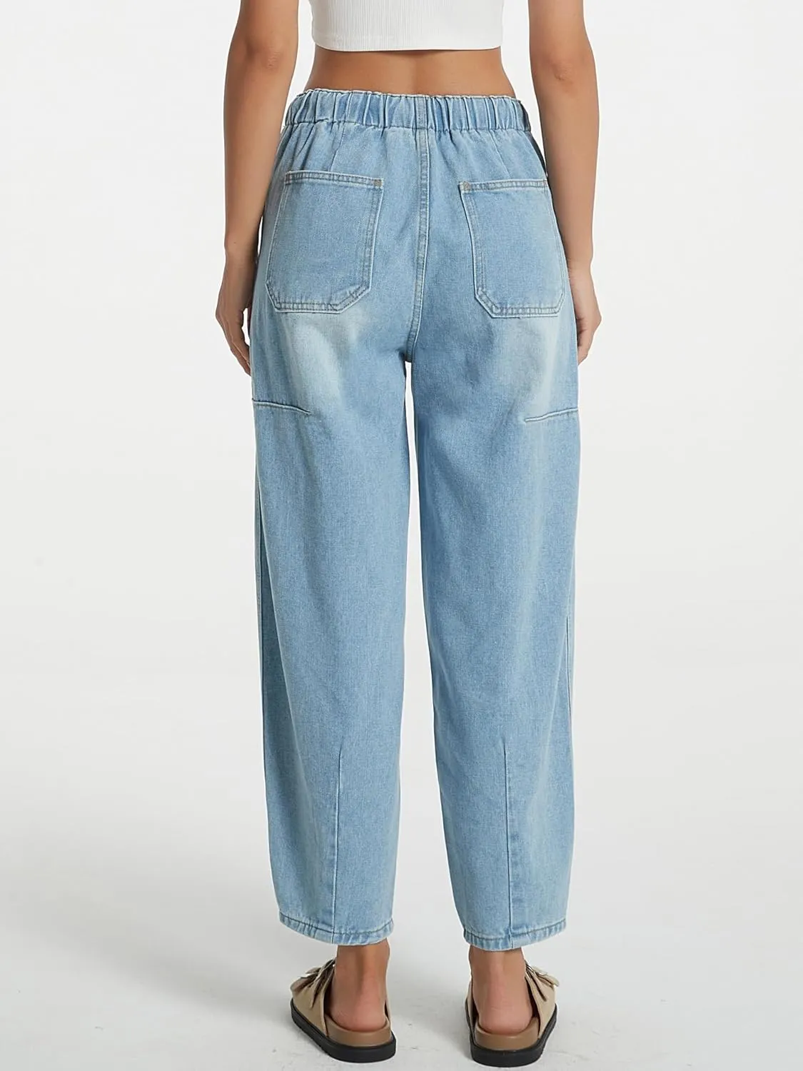 Women's Wide Leg Baggy Jeans Elastic Mid Rise Barrel Jean Loose Boyfriend Denim Pants with Drawstring