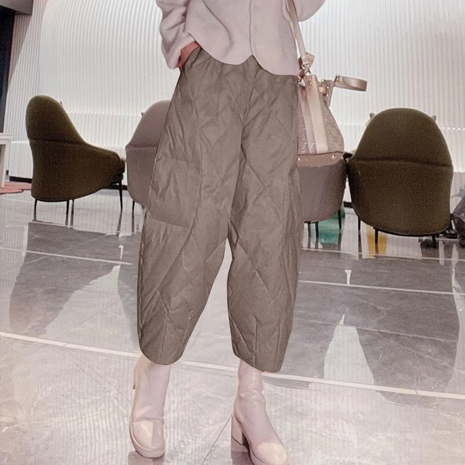 Womens Winter Down Pants Warm Lightweight Plus Size Wide Leg Puffer Pants Baggy Quilted Pants with Pockets
