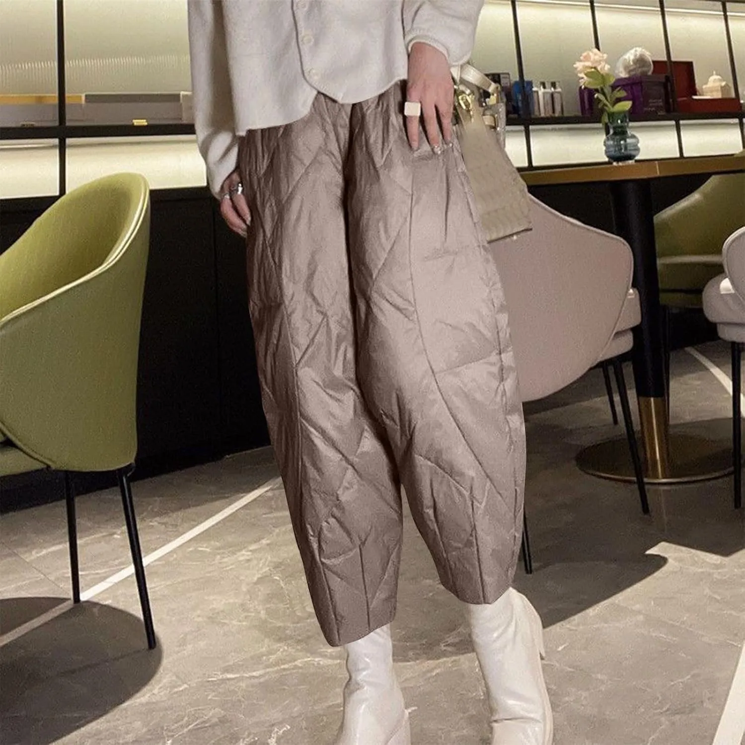 Womens Winter Down Pants Warm Lightweight Plus Size Wide Leg Puffer Pants Baggy Quilted Pants with Pockets