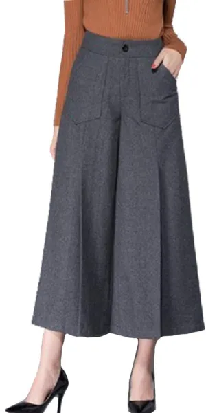 Women's Winter Thicken High Waist Wool Blend Wide Leg Cropped Pants Trousers