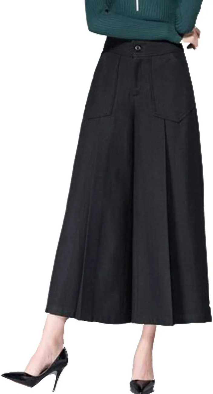 Women's Winter Thicken High Waist Wool Blend Wide Leg Cropped Pants Trousers