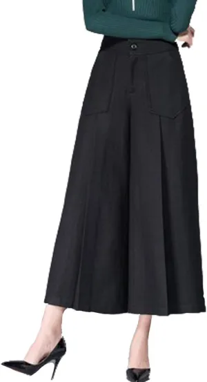 Women's Winter Thicken High Waist Wool Blend Wide Leg Cropped Pants Trousers
