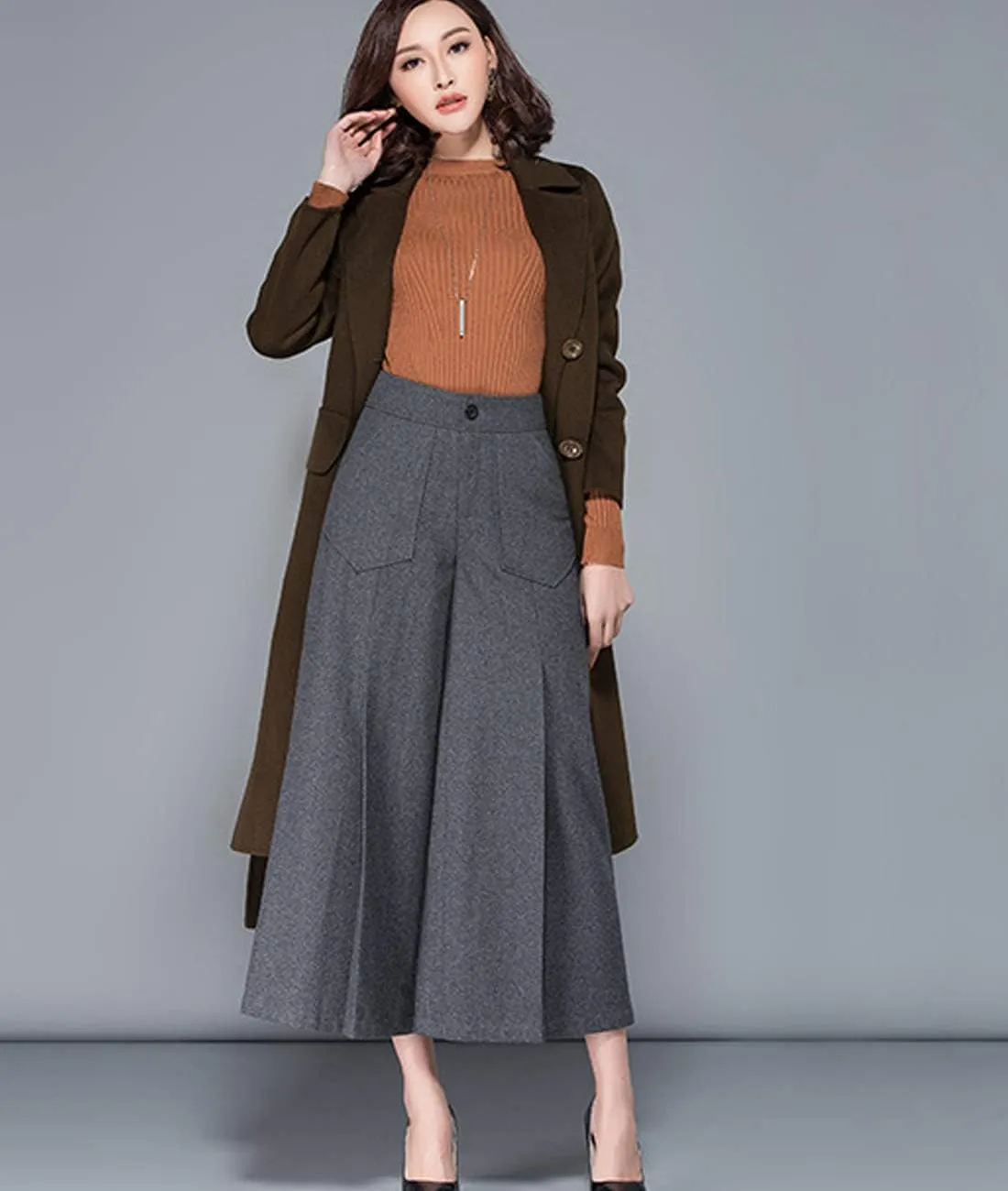 Women's Winter Thicken High Waist Wool Blend Wide Leg Cropped Pants Trousers