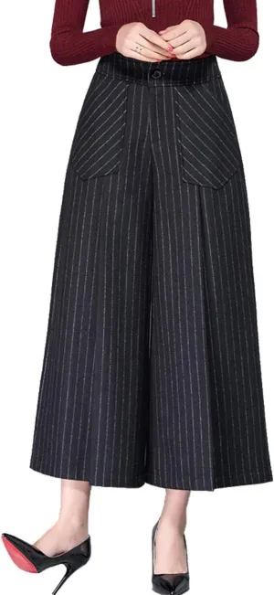 Women's Winter Thicken High Waist Wool Blend Wide Leg Cropped Pants Trousers
