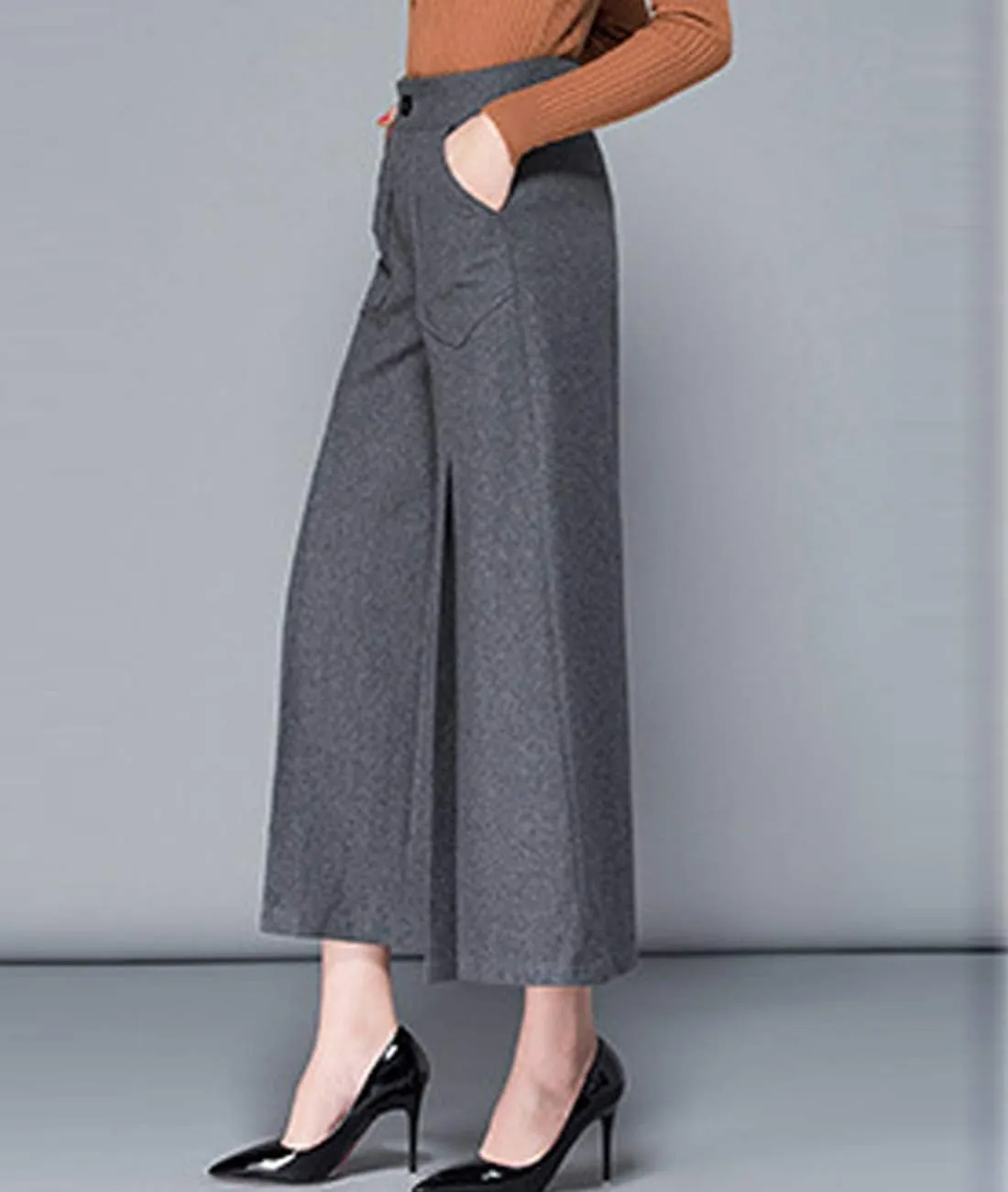 Women's Winter Thicken High Waist Wool Blend Wide Leg Cropped Pants Trousers