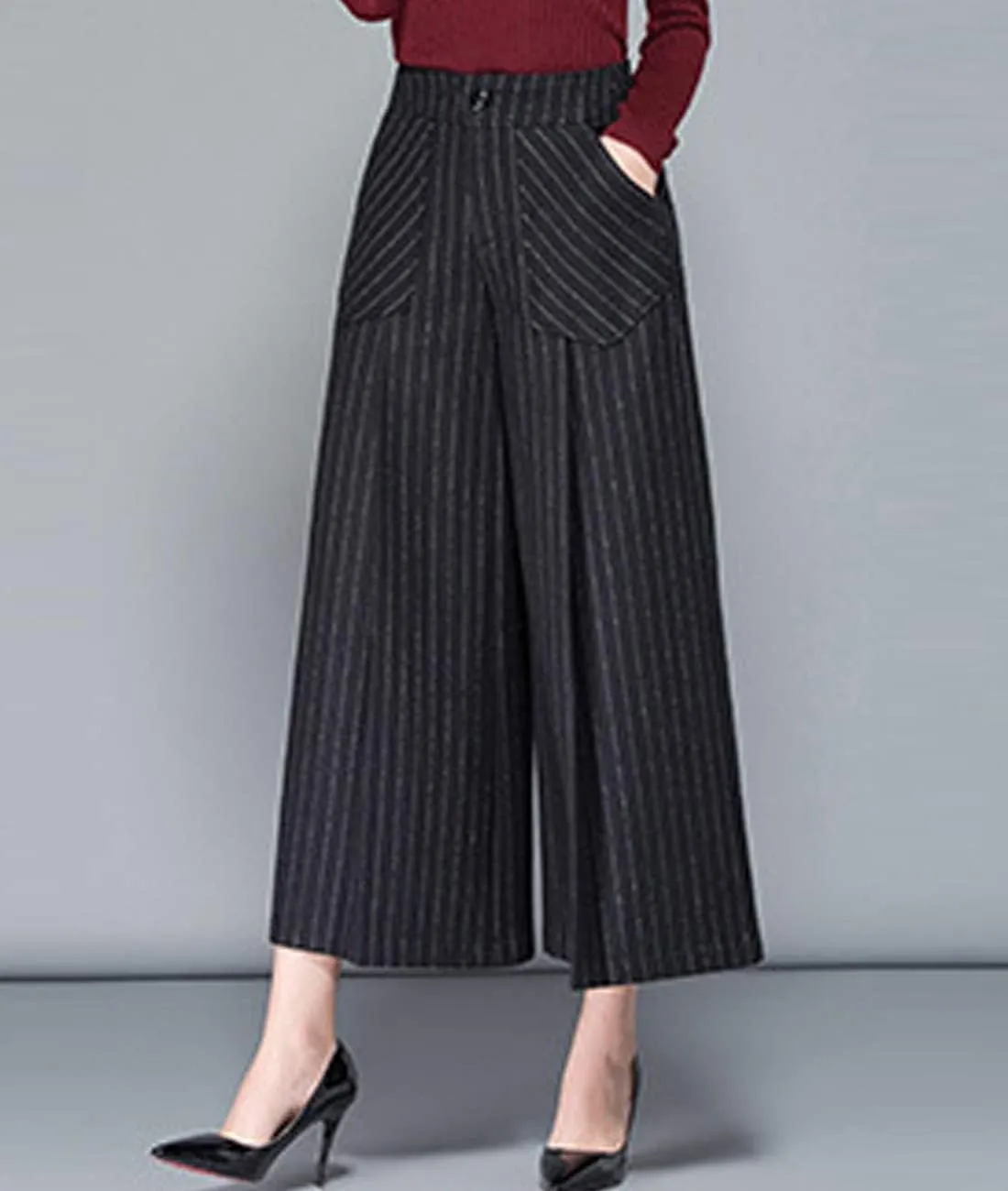 Women's Winter Thicken High Waist Wool Blend Wide Leg Cropped Pants Trousers