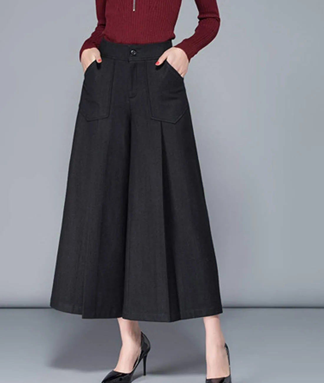 Women's Winter Thicken High Waist Wool Blend Wide Leg Cropped Pants Trousers