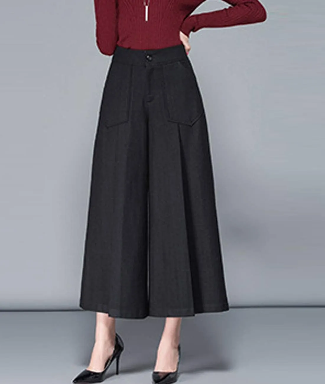 Women's Winter Thicken High Waist Wool Blend Wide Leg Cropped Pants Trousers