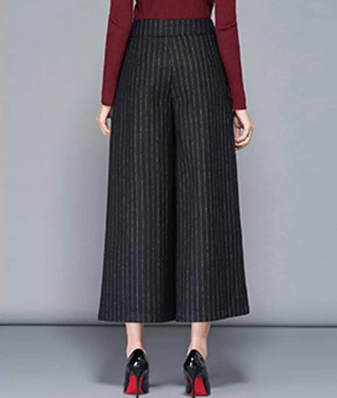 Women's Winter Thicken High Waist Wool Blend Wide Leg Cropped Pants Trousers