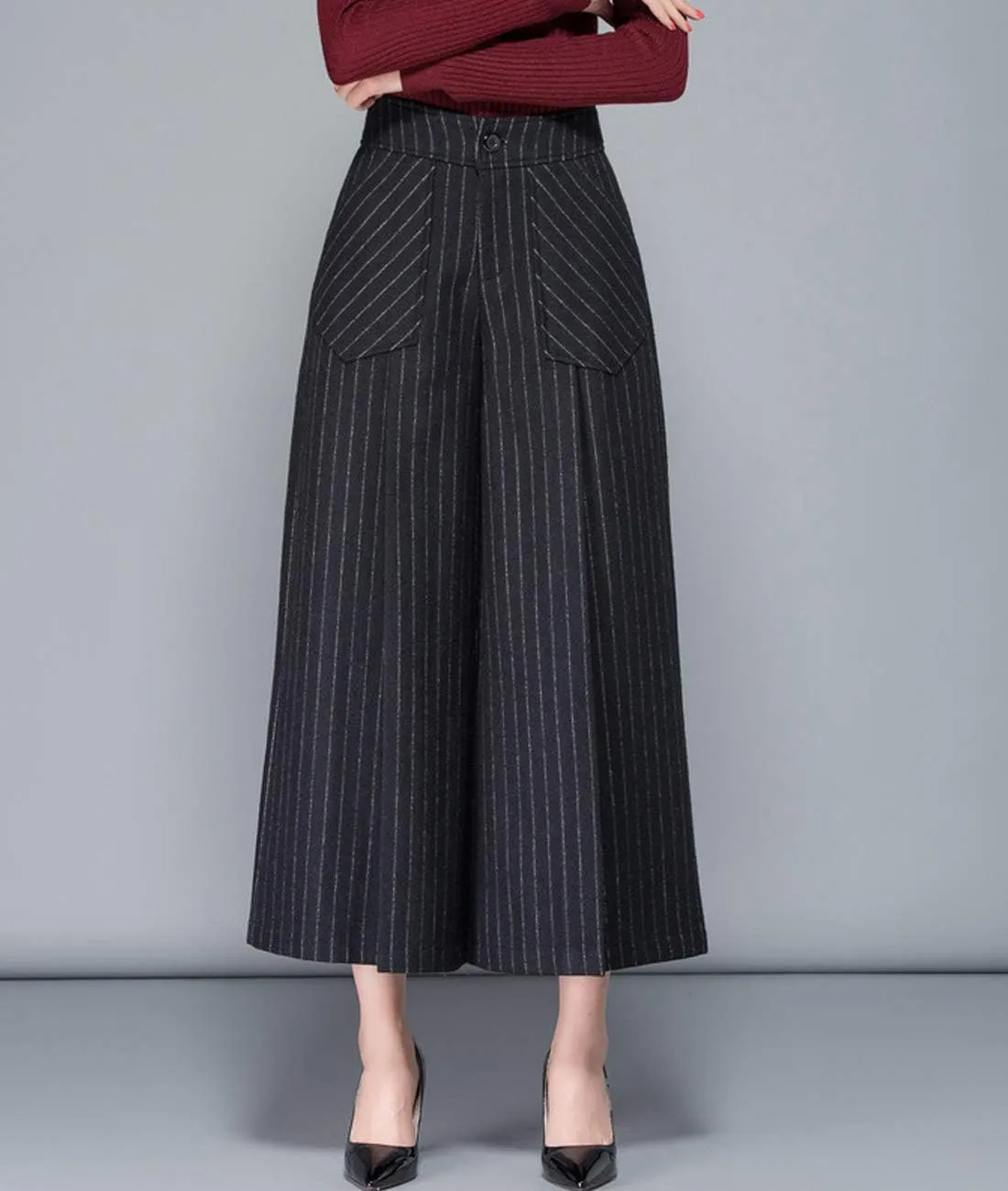 Women's Winter Thicken High Waist Wool Blend Wide Leg Cropped Pants Trousers