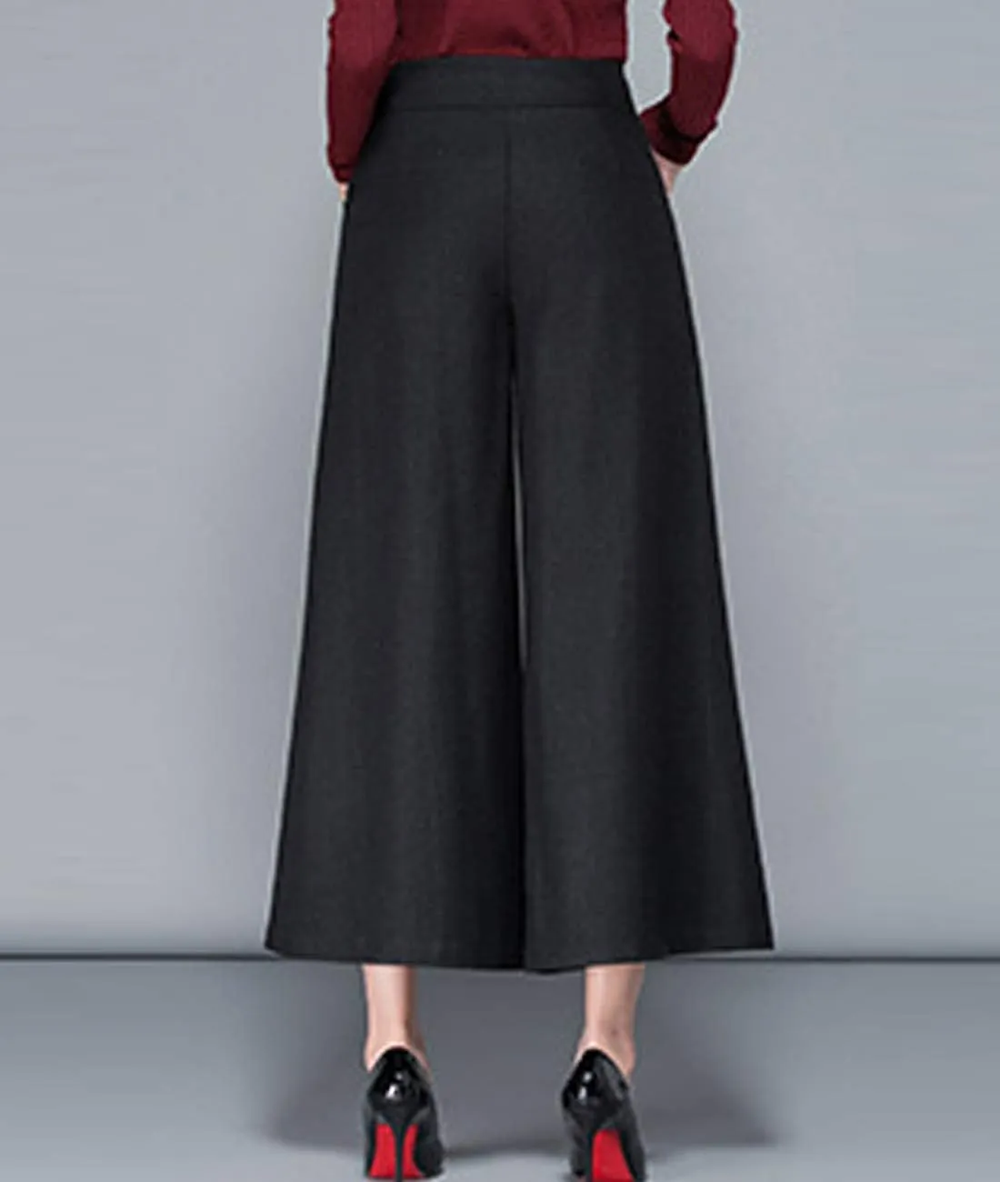 Women's Winter Thicken High Waist Wool Blend Wide Leg Cropped Pants Trousers