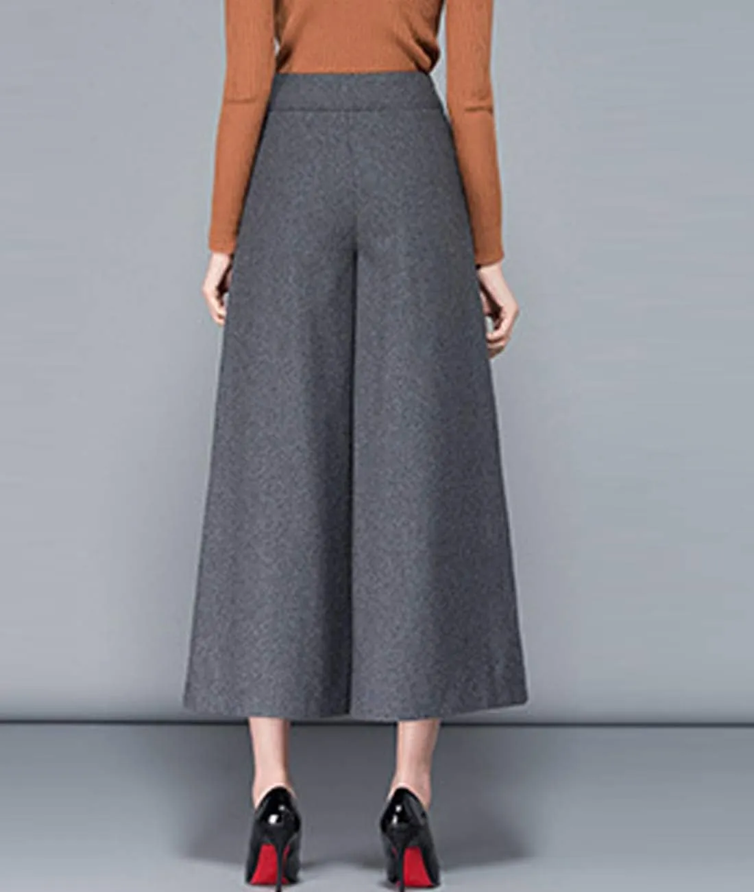 Women's Winter Thicken High Waist Wool Blend Wide Leg Cropped Pants Trousers