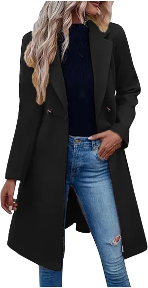 Womens Winter Wool Blend Coats 2024 Casual Warm Peacoat Trench Coat Double Breasted Notch Lapel Overcoats