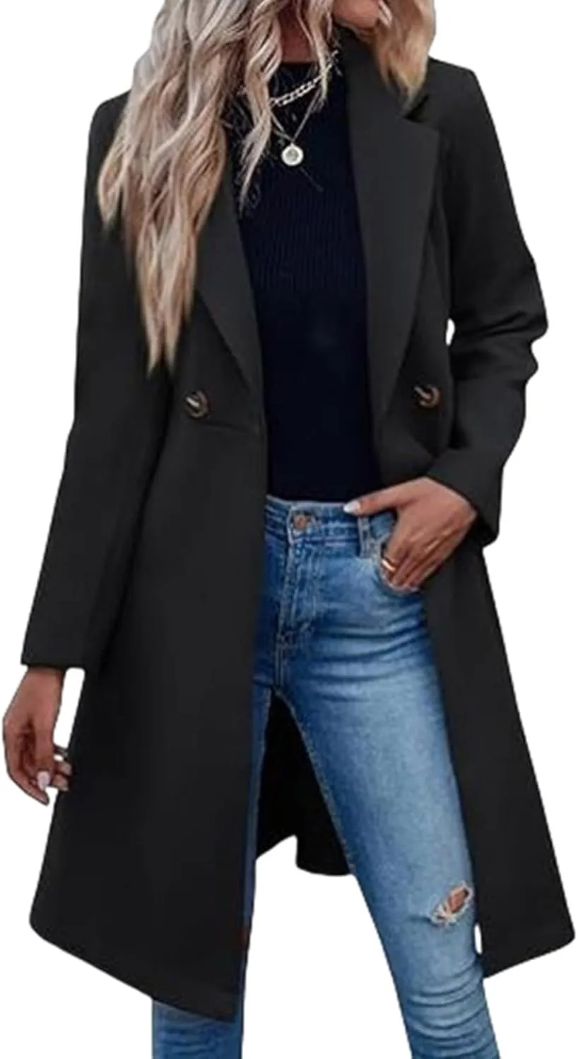 Womens Winter Wool Blend Coats 2024 Casual Warm Peacoat Trench Coat Double Breasted Notch Lapel Overcoats