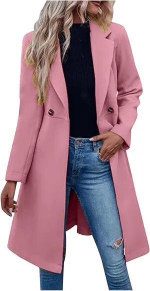 Womens Winter Wool Blend Coats 2024 Casual Warm Peacoat Trench Coat Double Breasted Notch Lapel Overcoats