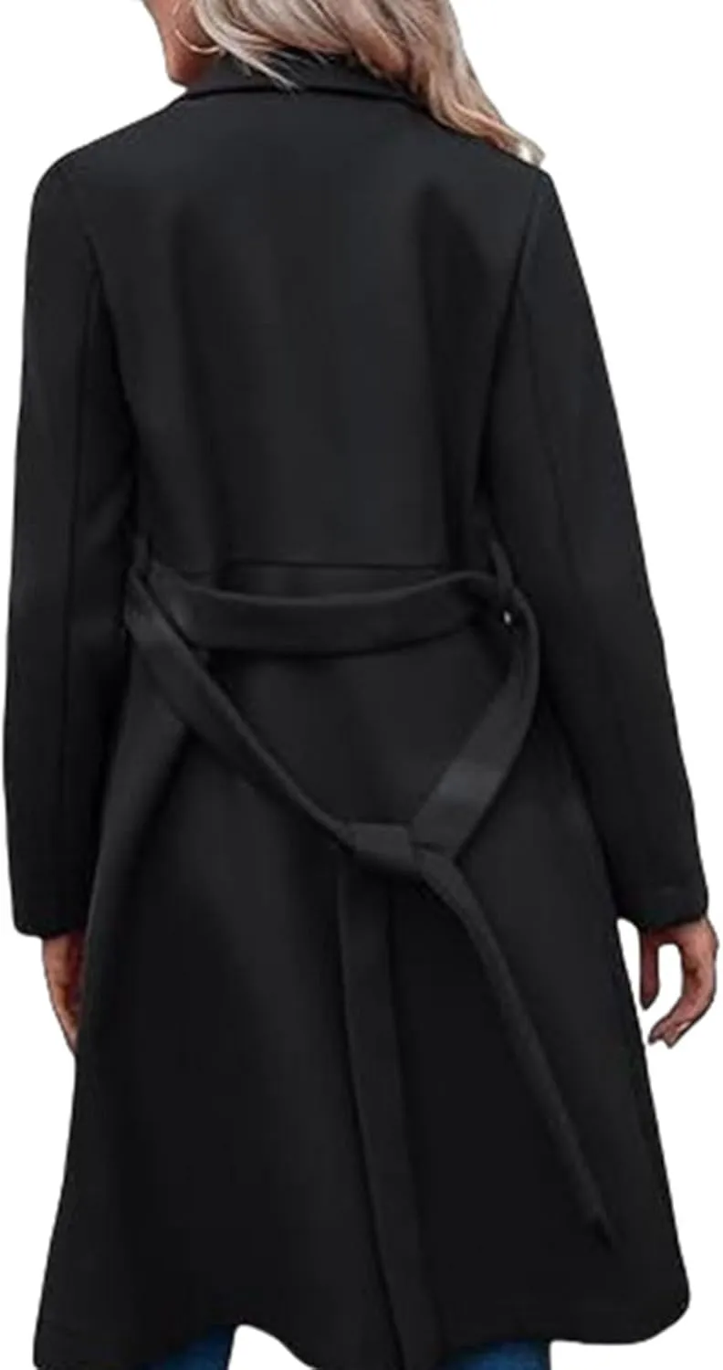 Womens Winter Wool Blend Coats 2024 Casual Warm Peacoat Trench Coat Double Breasted Notch Lapel Overcoats