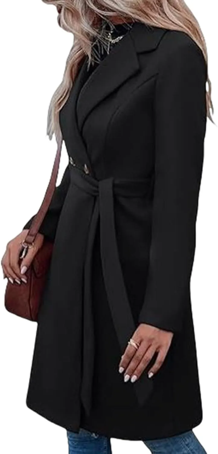 Womens Winter Wool Blend Coats 2024 Casual Warm Peacoat Trench Coat Double Breasted Notch Lapel Overcoats