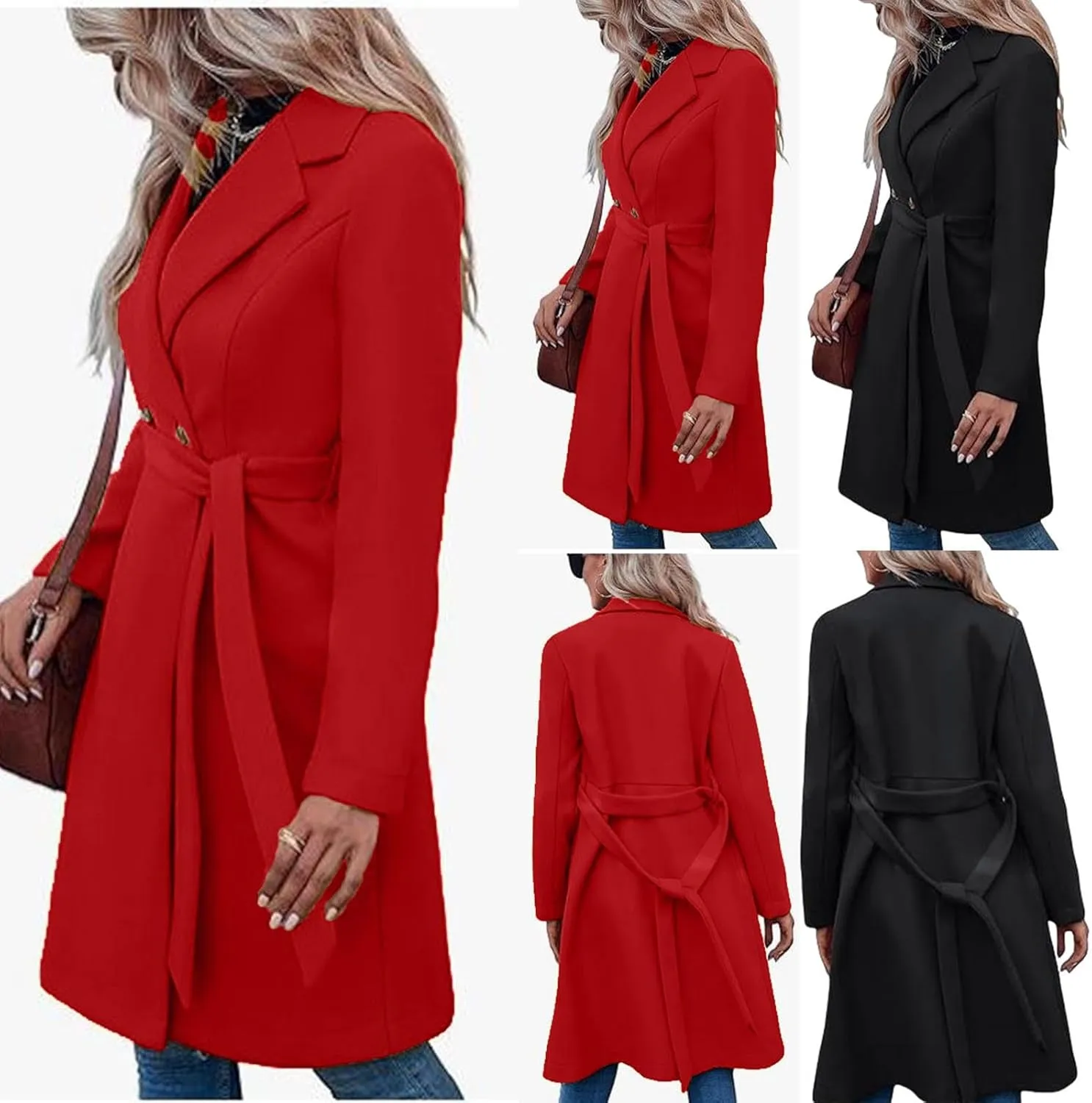 Womens Winter Wool Blend Coats 2024 Casual Warm Peacoat Trench Coat Double Breasted Notch Lapel Overcoats