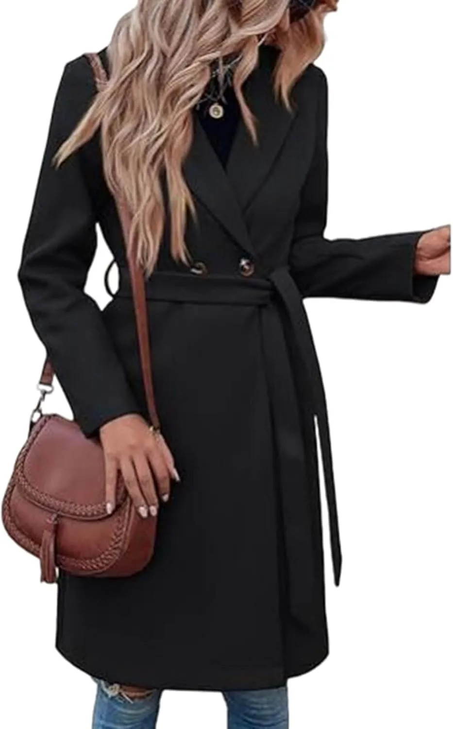 Womens Winter Wool Blend Coats 2024 Casual Warm Peacoat Trench Coat Double Breasted Notch Lapel Overcoats