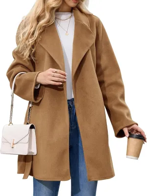 Women's Wool Blend Coat with Pockets Mid-Long Winter Overcoat, Thick Wool & Pea Coats jacket with Belt