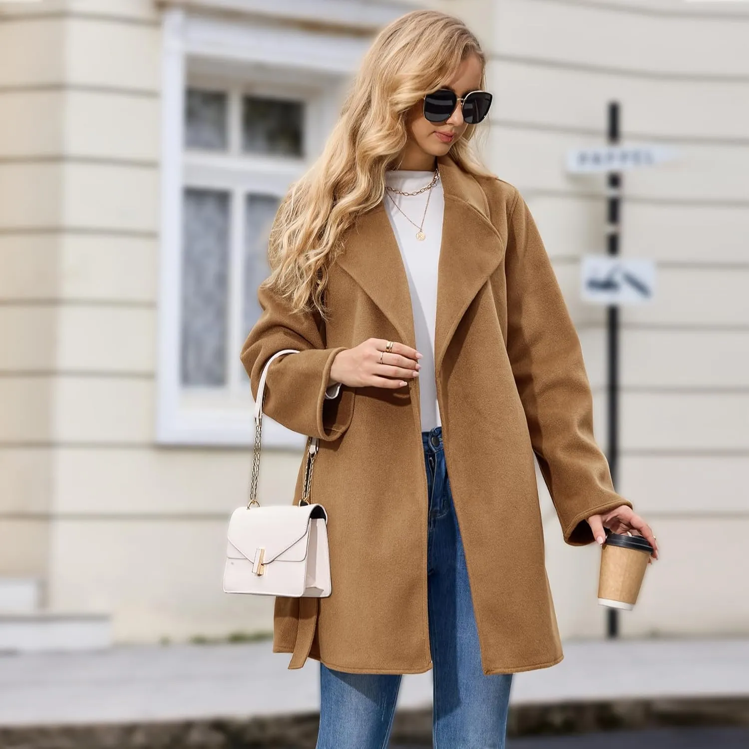Women's Wool Blend Coat with Pockets Mid-Long Winter Overcoat, Thick Wool & Pea Coats jacket with Belt