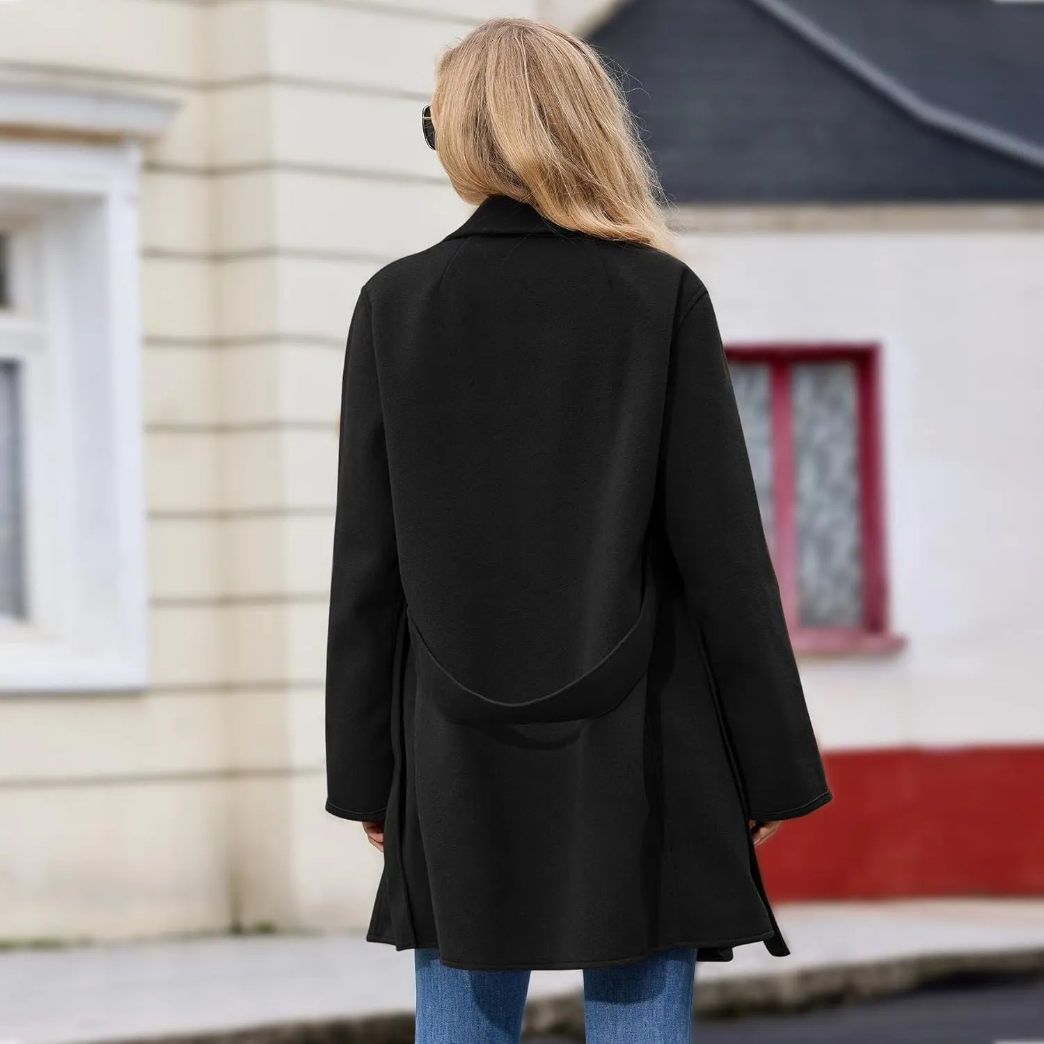 Women's Wool Blend Coat with Pockets Mid-Long Winter Overcoat, Thick Wool & Pea Coats jacket with Belt