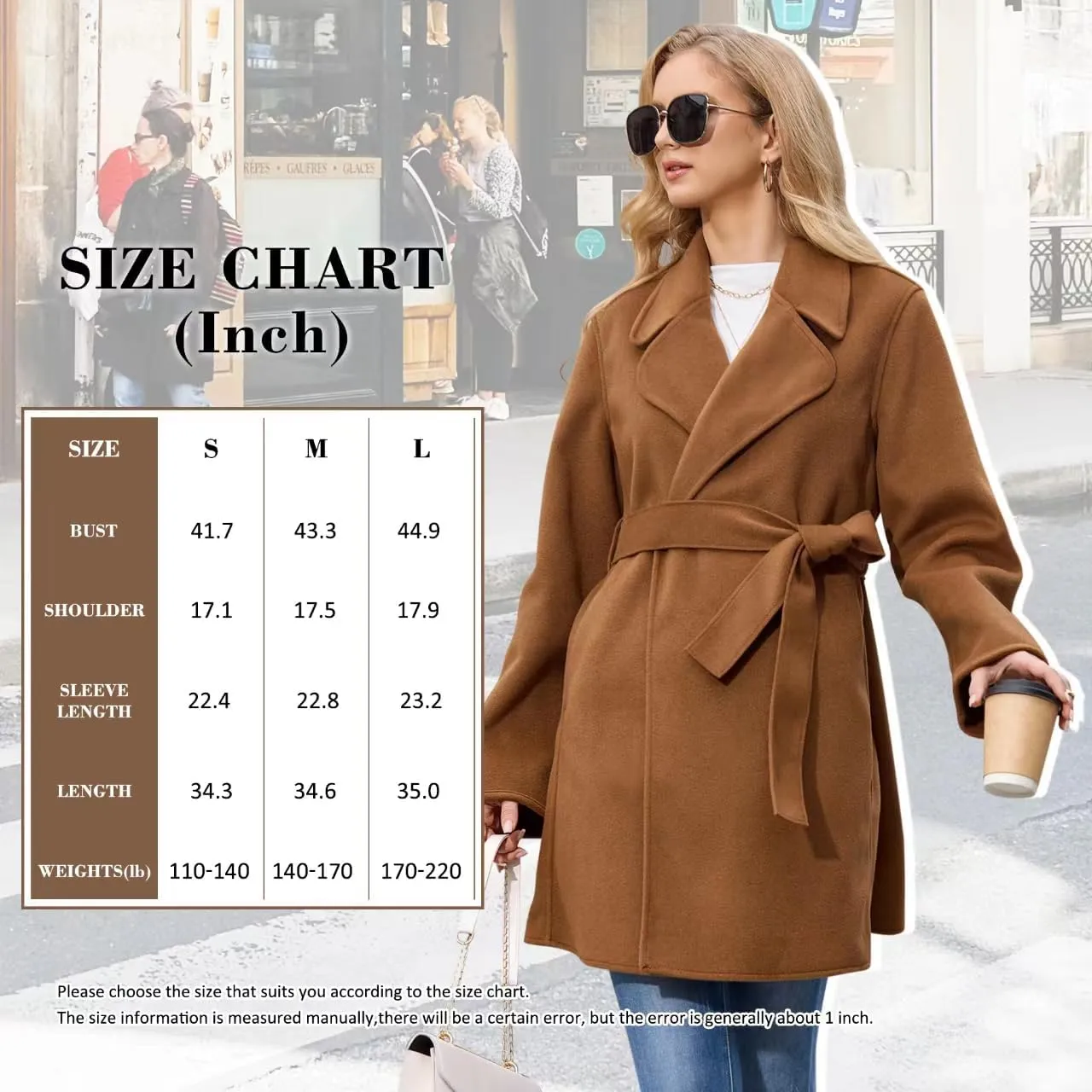 Women's Wool Blend Coat with Pockets Mid-Long Winter Overcoat, Thick Wool & Pea Coats jacket with Belt
