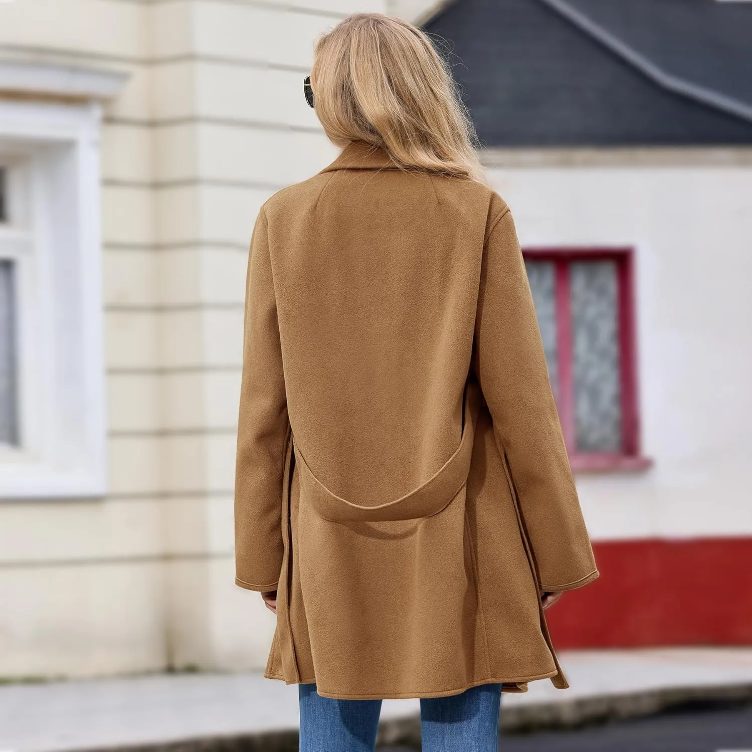 Women's Wool Blend Coat with Pockets Mid-Long Winter Overcoat, Thick Wool & Pea Coats jacket with Belt