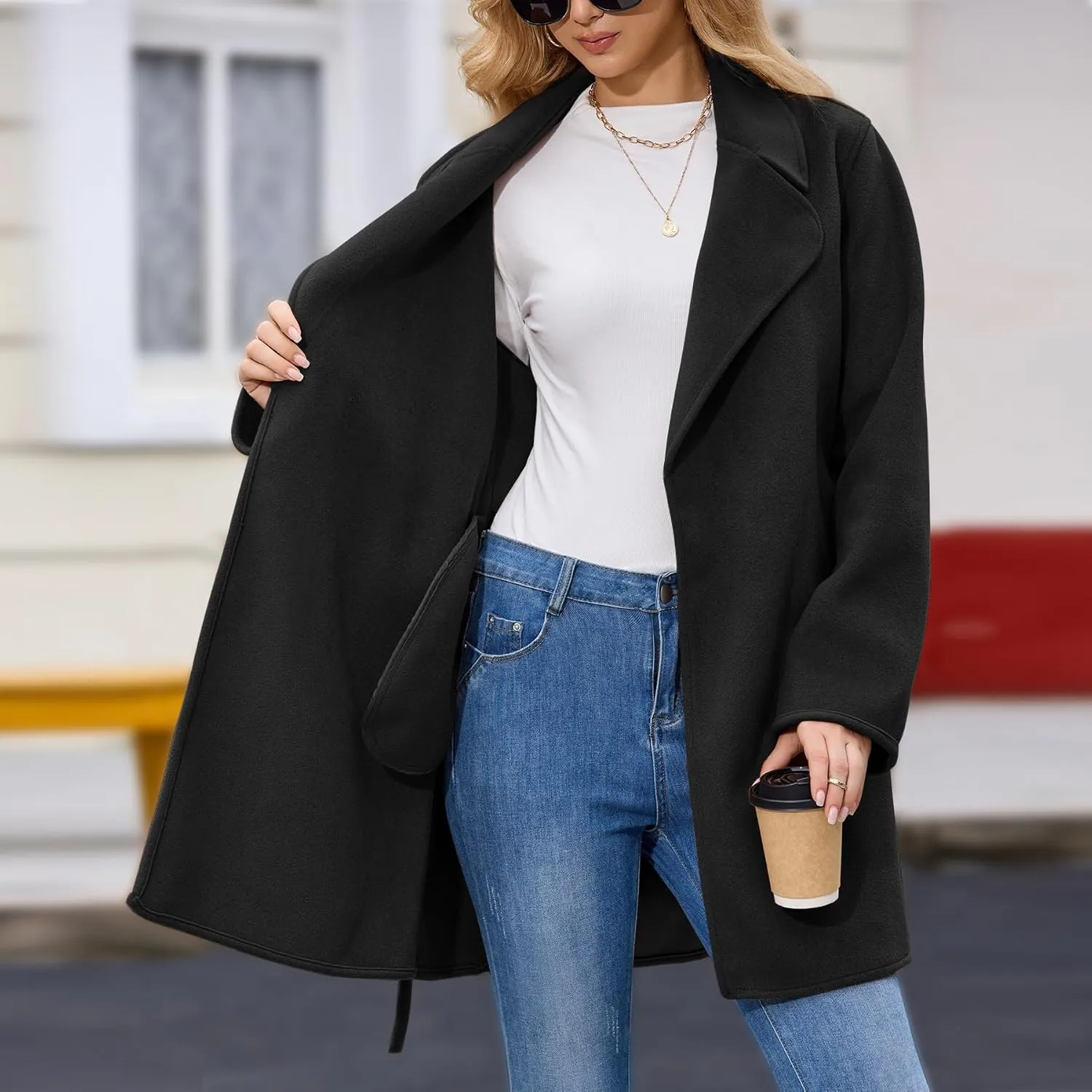 Women's Wool Blend Coat with Pockets Mid-Long Winter Overcoat, Thick Wool & Pea Coats jacket with Belt