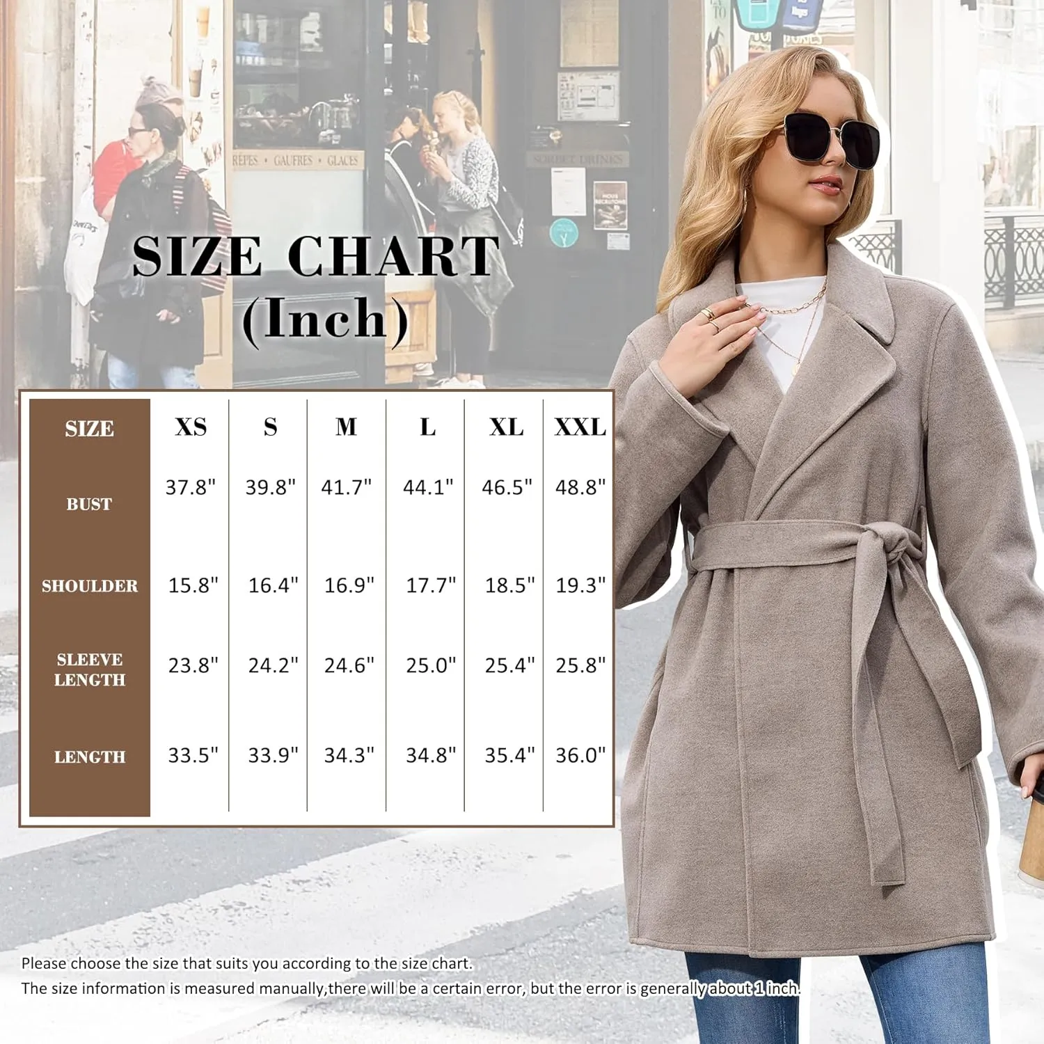 Women's Wool Blend Coat with Pockets Mid-Long Winter Overcoat, Thick Wool & Pea Coats jacket with Belt