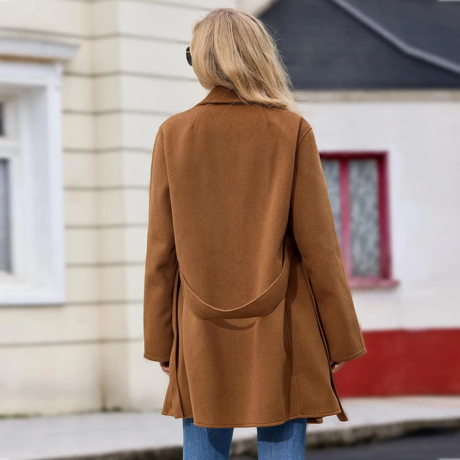 Women's Wool Blend Coat with Pockets Mid-Long Winter Overcoat, Thick Wool & Pea Coats jacket with Belt