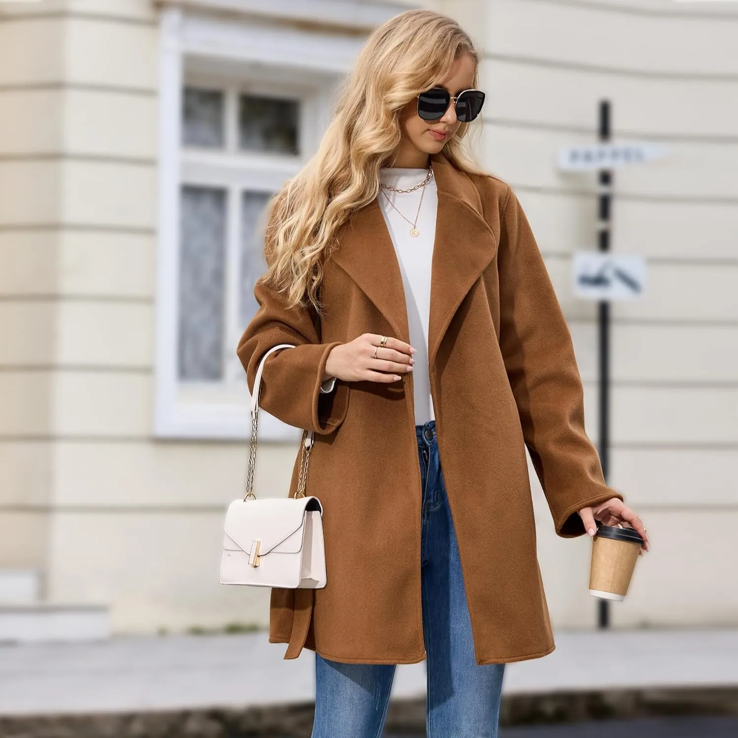 Women's Wool Blend Coat with Pockets Mid-Long Winter Overcoat, Thick Wool & Pea Coats jacket with Belt