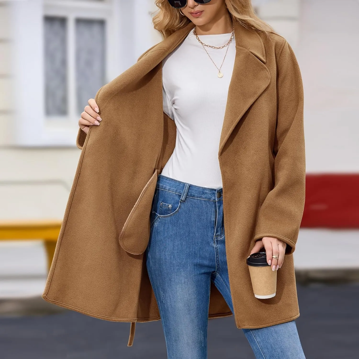 Women's Wool Blend Coat with Pockets Mid-Long Winter Overcoat, Thick Wool & Pea Coats jacket with Belt