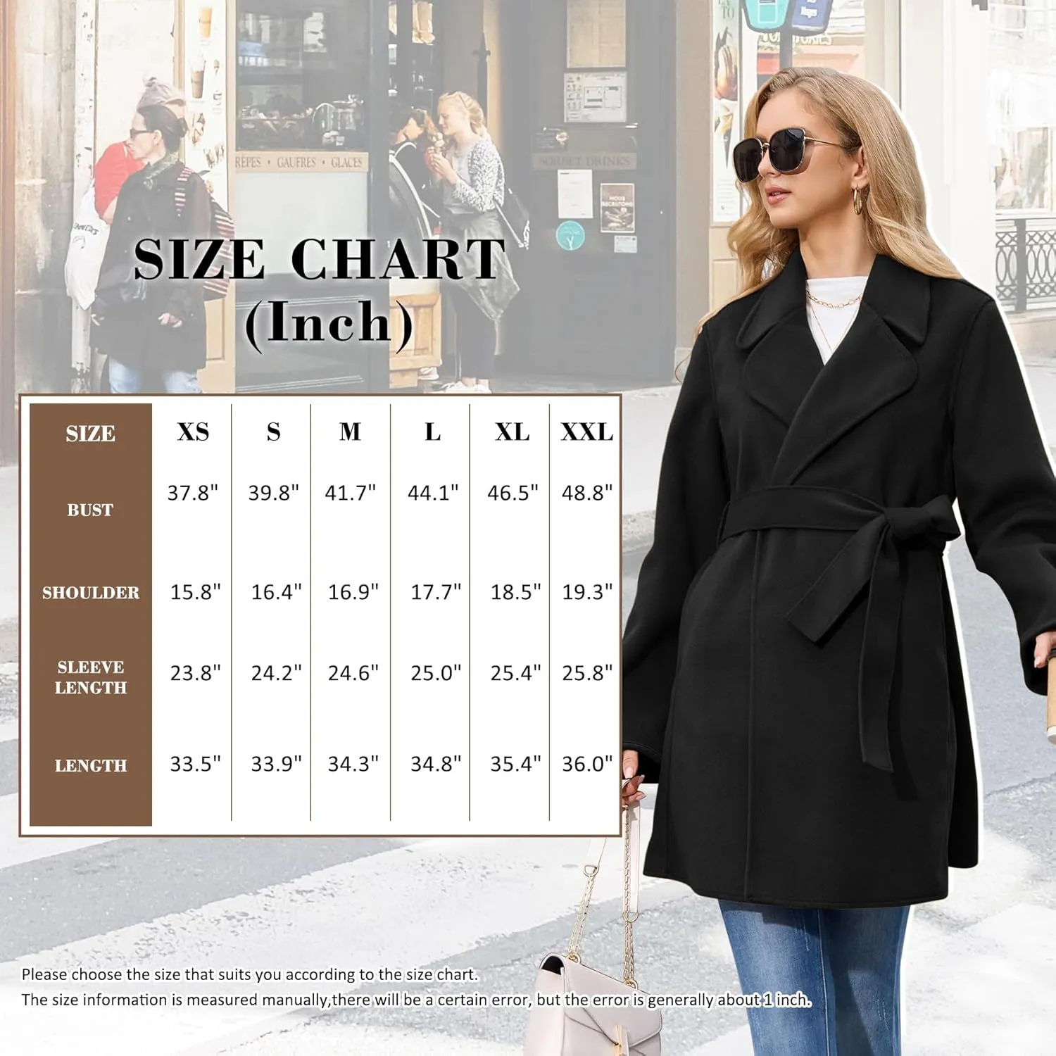 Women's Wool Blend Coat with Pockets Mid-Long Winter Overcoat, Thick Wool & Pea Coats jacket with Belt