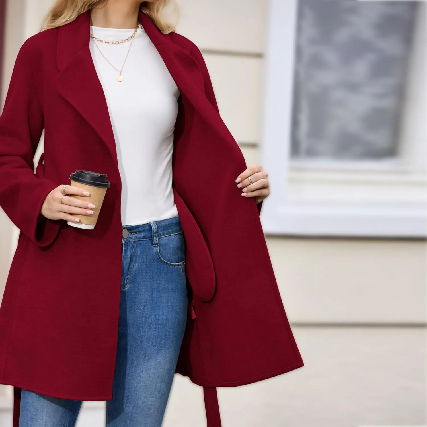 Women's Wool Blend Coat with Pockets Mid-Long Winter Overcoat, Thick Wool & Pea Coats jacket with Belt