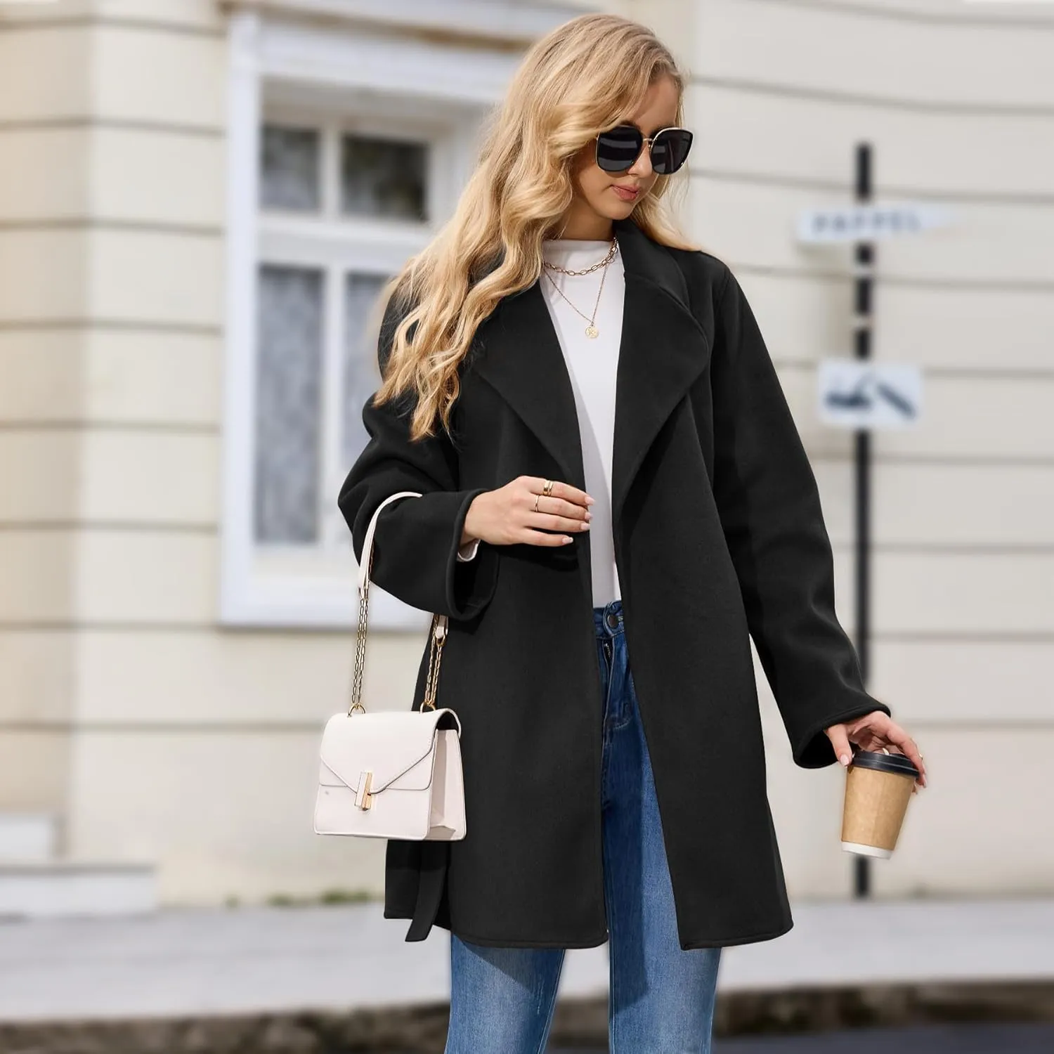 Women's Wool Blend Coat with Pockets Mid-Long Winter Overcoat, Thick Wool & Pea Coats jacket with Belt