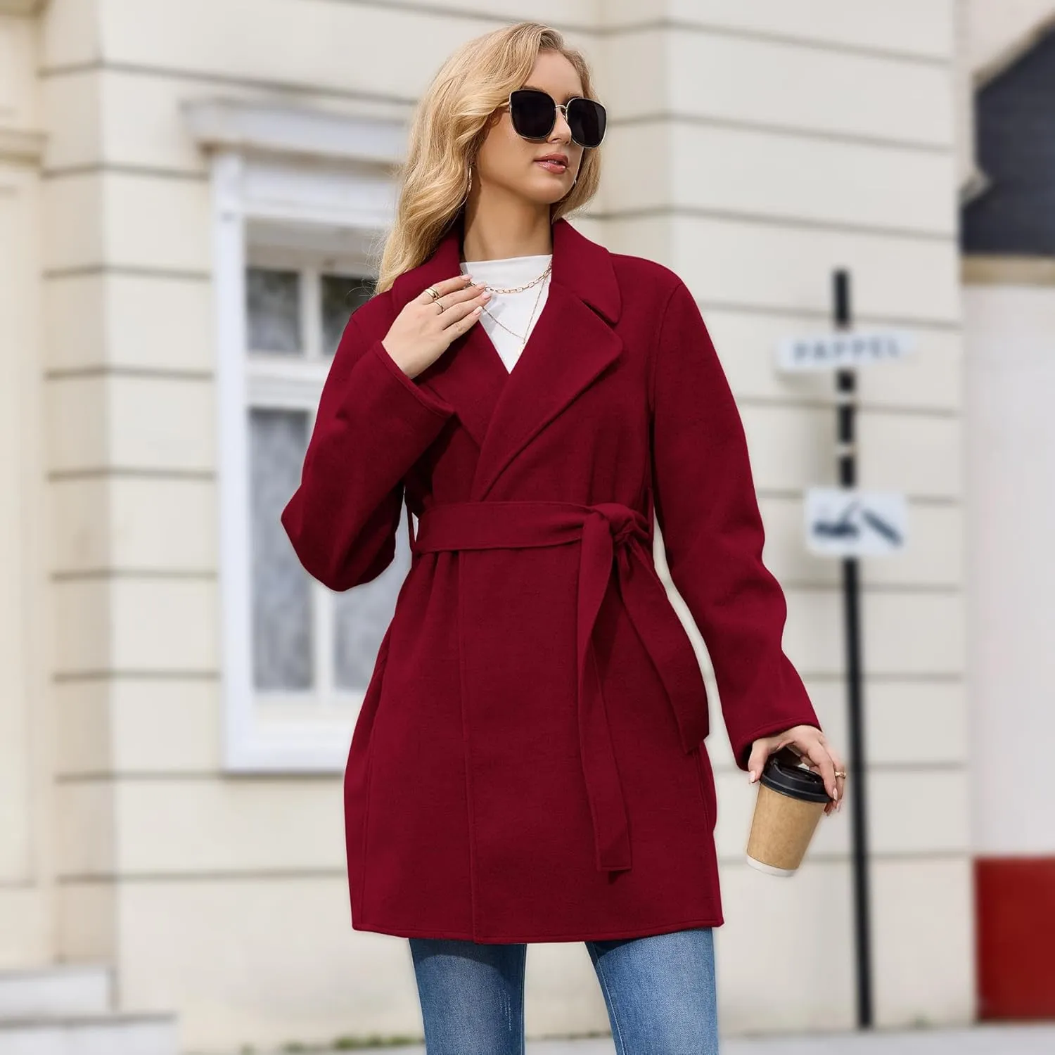 Women's Wool Blend Coat with Pockets Mid-Long Winter Overcoat, Thick Wool & Pea Coats jacket with Belt