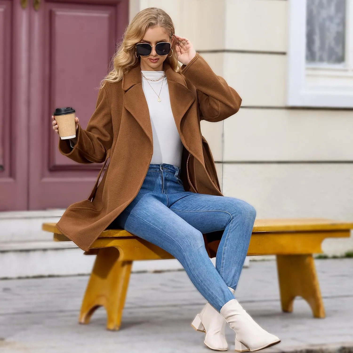 Women's Wool Blend Coat with Pockets Mid-Long Winter Overcoat, Thick Wool & Pea Coats jacket with Belt