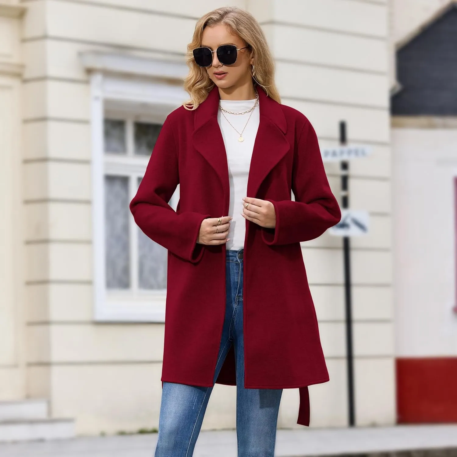 Women's Wool Blend Coat with Pockets Mid-Long Winter Overcoat, Thick Wool & Pea Coats jacket with Belt