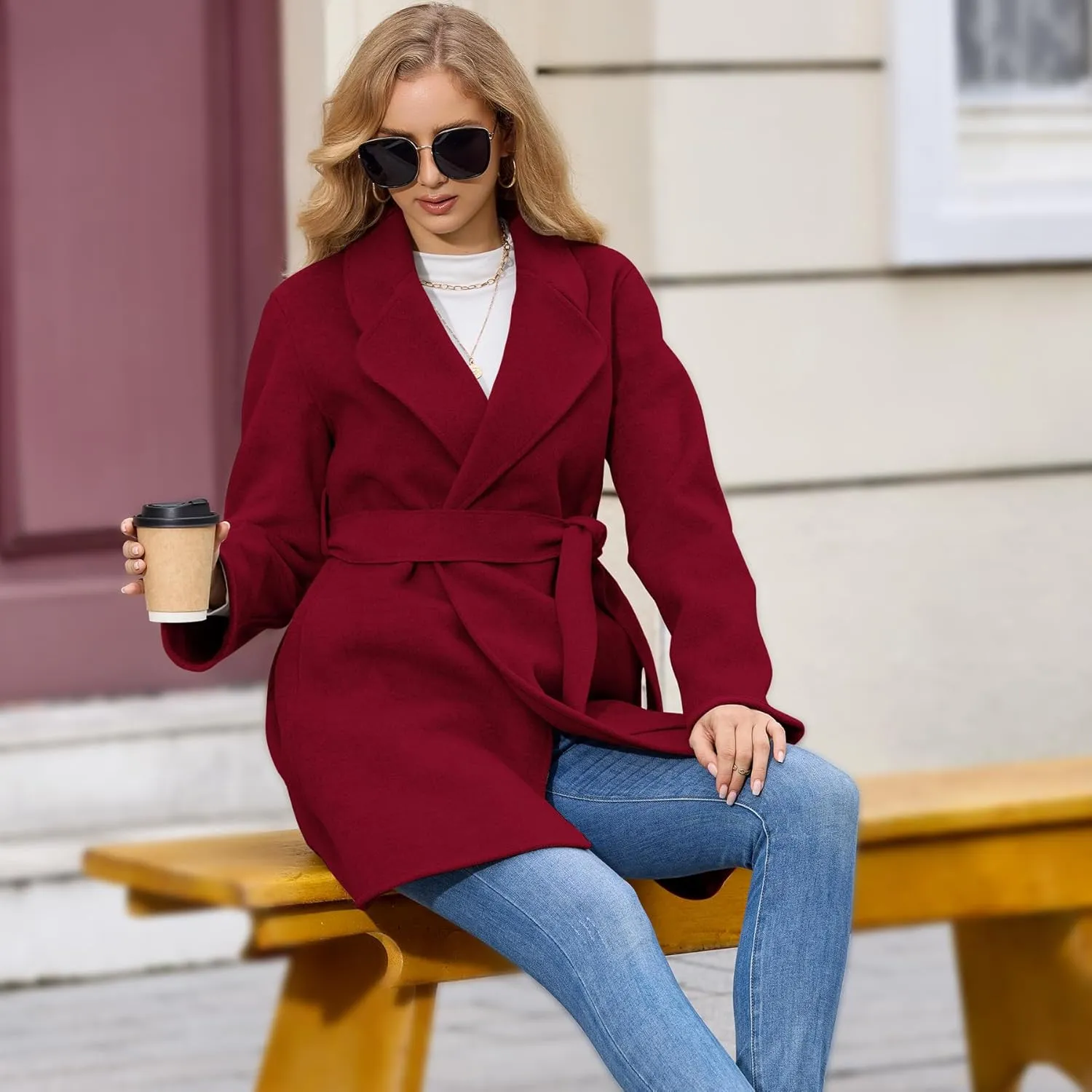 Women's Wool Blend Coat with Pockets Mid-Long Winter Overcoat, Thick Wool & Pea Coats jacket with Belt