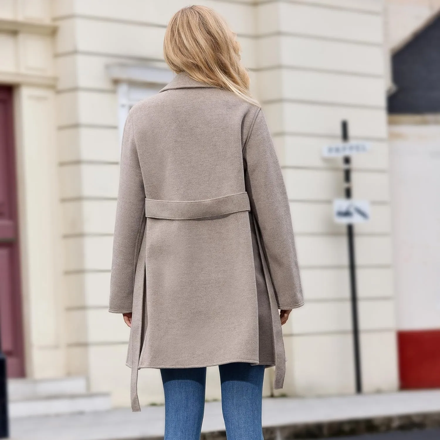 Women's Wool Blend Coat with Pockets Mid-Long Winter Overcoat, Thick Wool & Pea Coats jacket with Belt