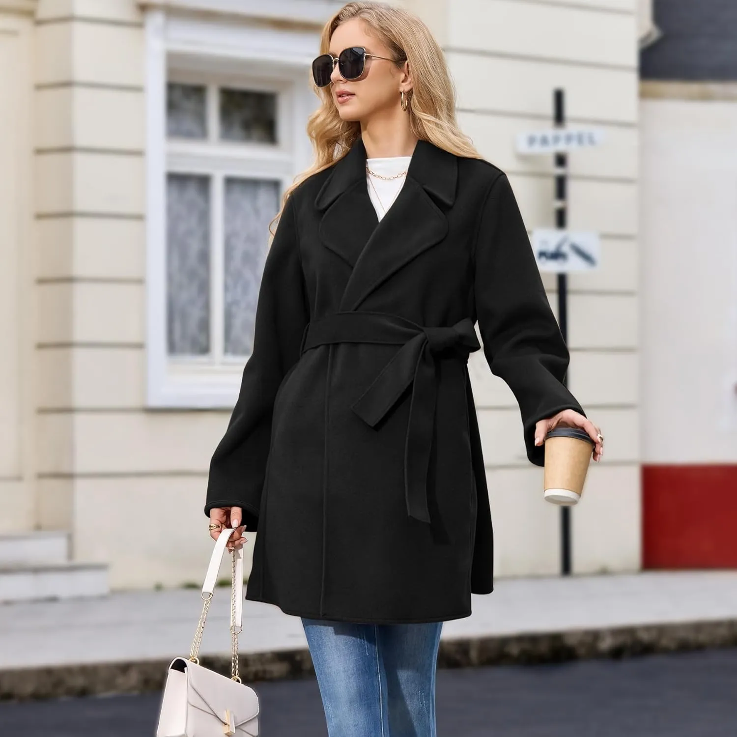 Women's Wool Blend Coat with Pockets Mid-Long Winter Overcoat, Thick Wool & Pea Coats jacket with Belt