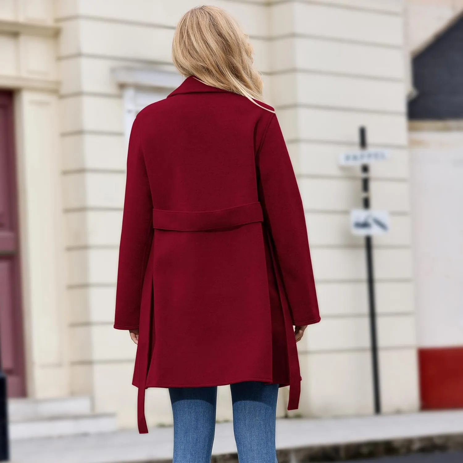 Women's Wool Blend Coat with Pockets Mid-Long Winter Overcoat, Thick Wool & Pea Coats jacket with Belt