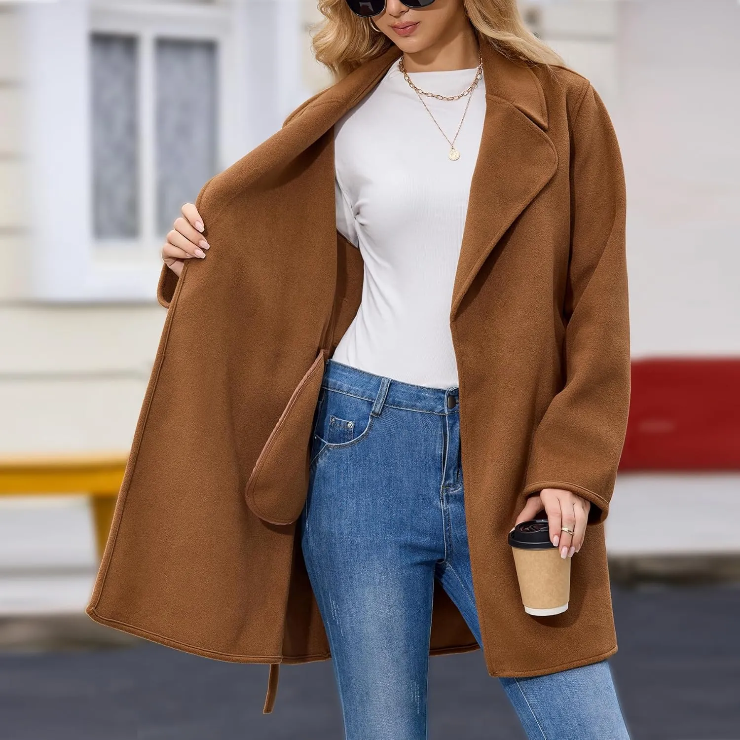 Women's Wool Blend Coat with Pockets Mid-Long Winter Overcoat, Thick Wool & Pea Coats jacket with Belt