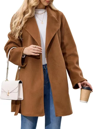 Women's Wool Blend Coat with Pockets Mid-Long Winter Overcoat, Thick Wool & Pea Coats jacket with Belt